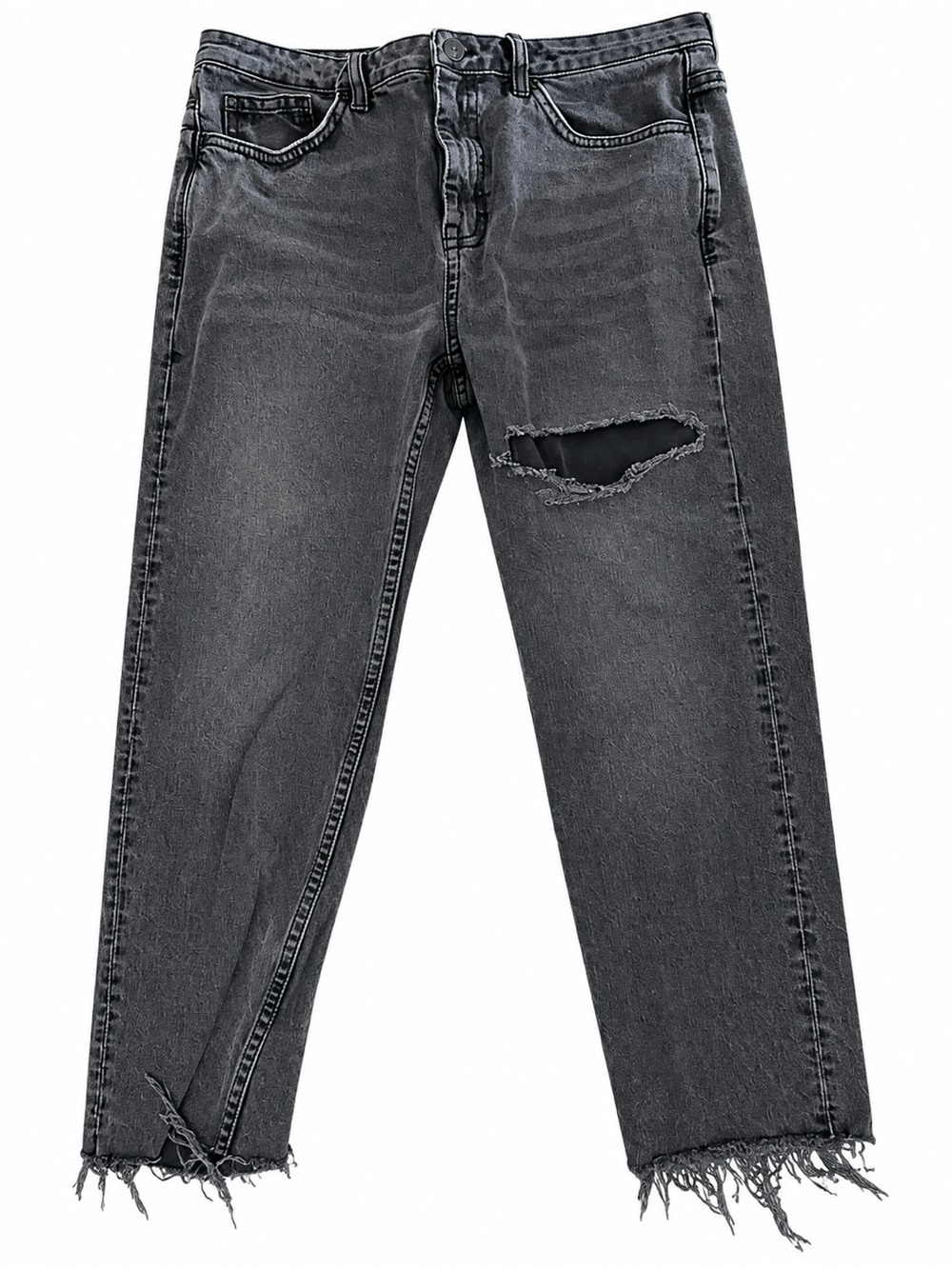 Topshop Black/Charcoal Straight Leg Jeans with Distressed Knee